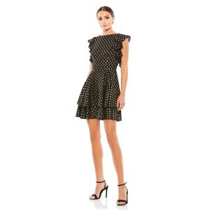 NWT $398 MAC DUGGAL METALLIC FLATTER SLEEVE POLKADOT MINI DRESS 49130 BLACK